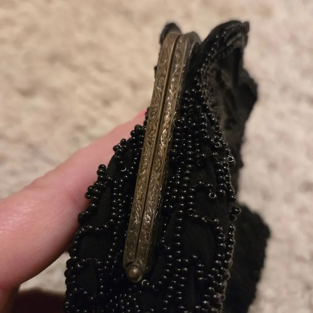 Vintage 1920s Black Micro Bead Purse with Coin Purse & Mirror Kiss Closure